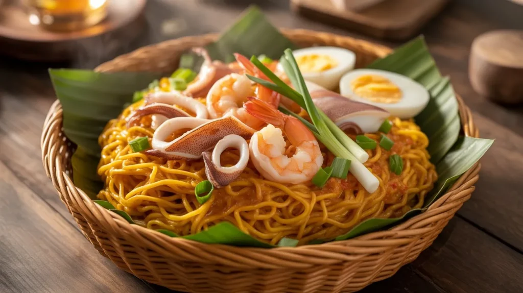 Original Pancit Malabon 2 Amber Original Pancit Malabon served in a traditional Filipino bilao, thick noodles in rich orange shrimp sauce topped with shrimp, squid, smoked fish flakes, boiled eggs, vegetables, and calamansi slices.