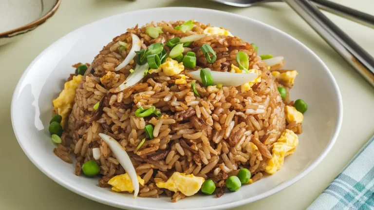 Garlic Fried Rice with green peas and onions spread on it