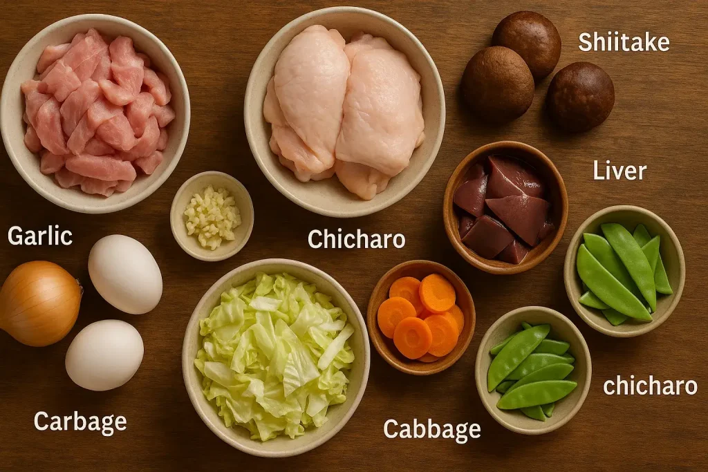 Hototay Soup 2 Ingredients for Filipino Hototay Soup including pork, chicken, liver, vegetables, and eggs arranged flat lay.