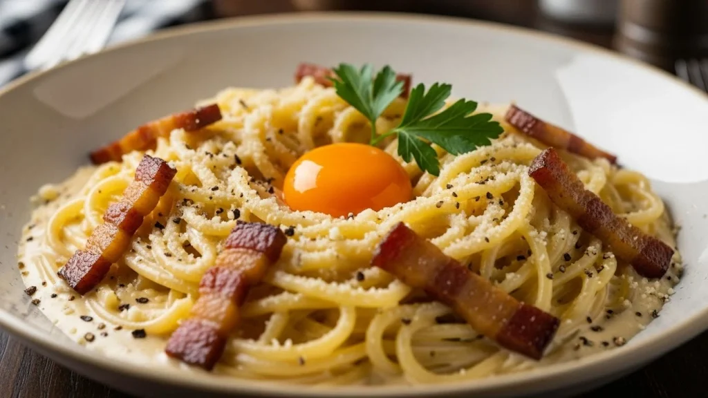 Creamy pasta carbonara with bacon, Parmesan, and rich sauce.
