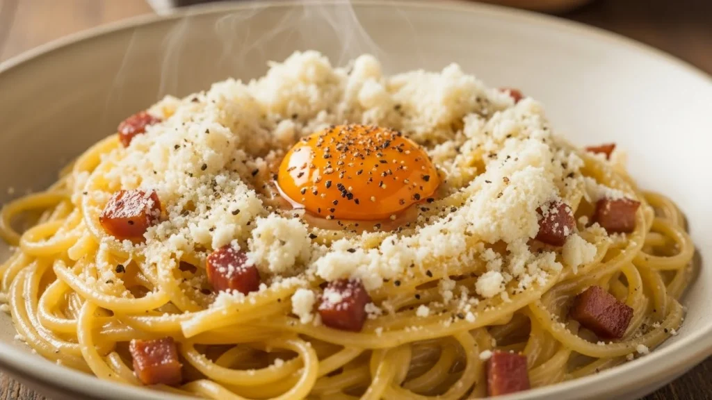 Rich and creamy carbonara pasta with bacon and Parmesan cheese.