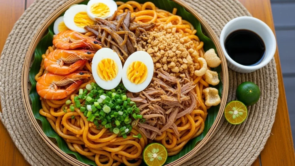 Authentic Pancit Malabon with thick noodles, shrimp, eggs, and savory sauce.